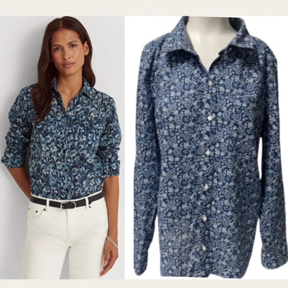 Vintage Floral Blouse Tommy Hilfiger Chambray Blue Cotton Minimalist Size XL - Picture 1 of 17